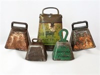 Five Antique Miniature Cowbells With Advertising