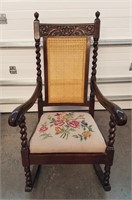 Antique Oak Barley Twist Needlepoint Rocking Chair