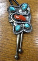 Vintage Navajo Silver Turquoise Coral Snake Bolo
