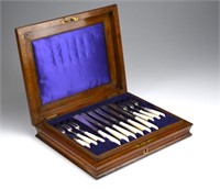Cased 24 pc 19th C English silver & MOP fruit set