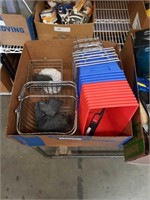 Box of rocks, wire baskets and plastic containers