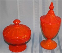 TWO RED MANDEROLIN CANDY DISHES
