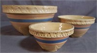 3 Pink and Blue Band Stoneware Bowls