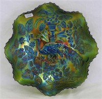 Fenton's Peacock at Urn ruffled bowl - green