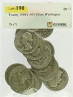 Twenty 1930's -40's Silver Washington Quarters