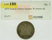 1875 Seated Liberty Quarter W/Arrows & Rays