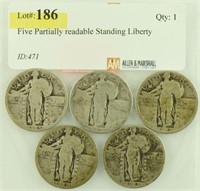 Five Partially readable Standing Liberty Quarters: