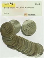 Twenty 1930's -40's Silver Washington Quarters