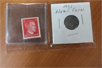 1943 Nazi Coin & Hitler Stamp