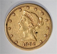 1882 $10.00 GOLD LIBERTY, VF/XF