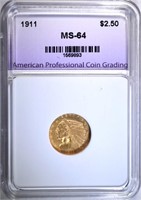 1911 $2.50 GOLD INDIAN, APCG, CH/GEM BU
