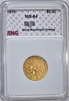 1915 $5.00 GOLD INDIAN, RNG CH/GEM BU