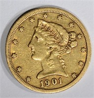 1901-S $5.00 GOLD LIBERTY, XF