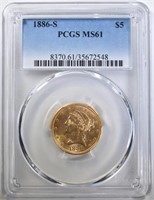 1886-S $5 GOLD LIBLERTY HEAD PCGS MS61