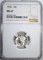 1945 MERCURY DIME, NGC MS-67