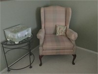 Pink Plaid Chair, End Table & Decor