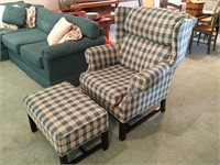 Green Checked Wingback Chairs & Ottoman