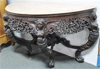 MAHOGANY ENTRY TABLE - MARBLE TOP CARVED APRON