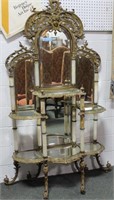BRASS AND ALABASTER ETAGERE BEVELED GLASS MIRROR