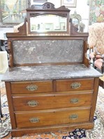 VICTORIAN MARBLE TOP DRESSER WITH MARBLE BACK AND