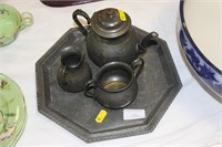 Pewter teapot, milk, sugar and tray.