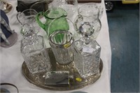 Two decanters, ice bucket, hip flask  tray.