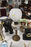 Oil lamp, glass shade and china resevoir.