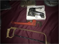 LOT OF TOOLS INCLUDING PIPE WRENCH, STAPLER
