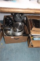 Large box of kitchen utensils and pans