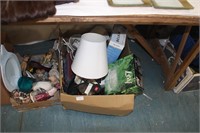 Two boxes of household china and lamps