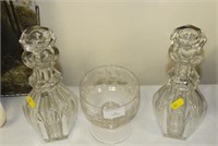 Two decanters and glass bowl.