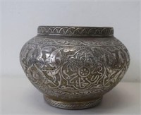 19thC Syrian silver inlaid bowl