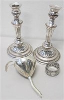 Pair antique silver plate dwarf candlesticks