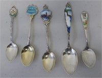Five sterling silver enamel souvenir spoons