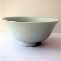 Kangxi pale celadon dragon Anhua porcelain bowl