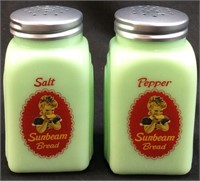 JADITE SUNBEAM BREAD GLASS SALT & PEPPER SHAKERS