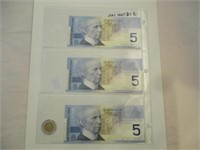 3 Billets 5 Dollars Canada 2002 consécutifs UNC