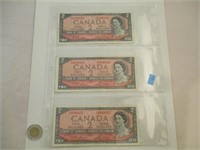 3 Billets de 2 Dollars Canada 1954