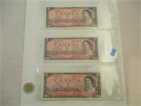 3 Billets de 2 Dollars Canada 1954