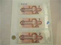 3 Billets 2 Dollars Canada 1986 consécutifs UNC