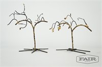 Pair of metal tree sculptures made with nails