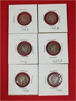 Six Mercury Silver Dimes