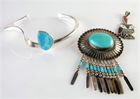 Southwest Silver Cuff, Pendants, Turquoise, MOP