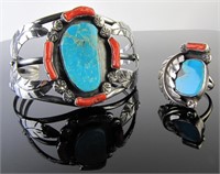 Navajo Sterling Turquoise, Red Coral Bangle/Ring