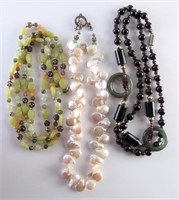 Three Pearl, Jade and Bead Necklaces