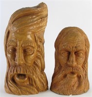 Two Wood Carved Busts of Woodsmen