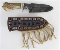 Antler Handled Hunting Knife with Beaded Sheath