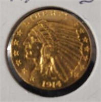 1914 2 1/2 Dollar Indian Head Gold Coin