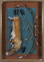 Framed Native American Bow, Arrows and Fox Quiver