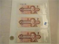 3 Billets 2 Dollars Canada 1986 consécutifs